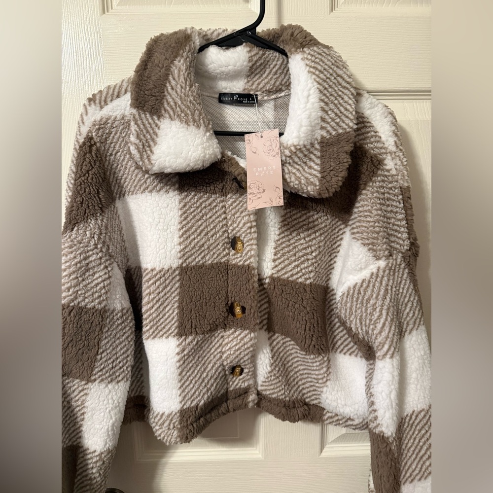 Emery Rose Plaid Sherpa Jacket L NWT